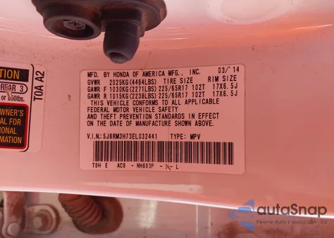 2014 Honda Cr-V Ex-L z USA, uszkodzony, nr VIN 5J6RM3H73EL032441